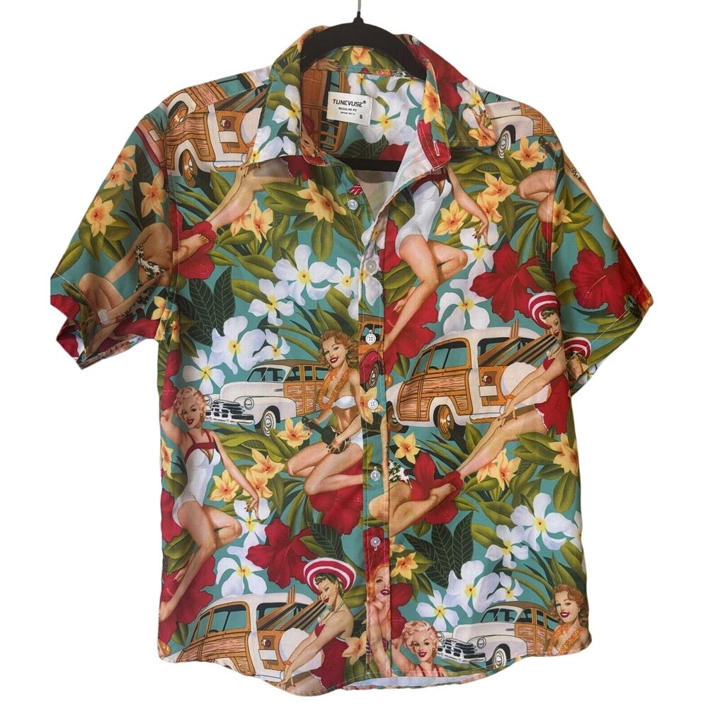 Vintage Tune Vuse Hawaiian Button Up Shirt Pinup girls Retro Woody wagon‎ sz S